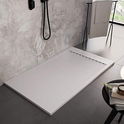 Luminosa ArredoBagno Plato de ducha resina 100 x 70 cm – Efecto piedra antideslizante con gel – Modelo Luxury blanco – Rejilla de color liso y desagüe incluidas