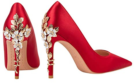 JOEupin Escarpins à talons hauts en satin à bout pointu pour femme, Rouge, 41 EU