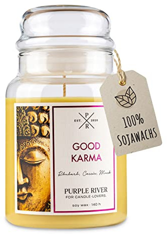 Purple River Große Duftkerze im Glas mit Deckel | Good Karma | Duftkerze Cassis | Kerzen lange Brenndauer | Sojawachskerze | Raumduft für Zuhause