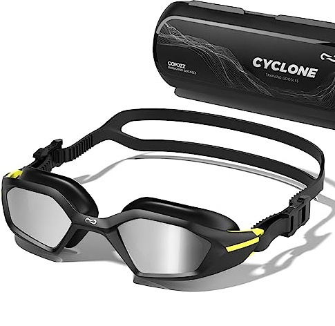 COPOZZ Herren-Schwimmbrille, Anti-Beschlag, kein Auslaufen, UV-Schutz, für Erwachsene, Herren, schwarz (verspiegelt)