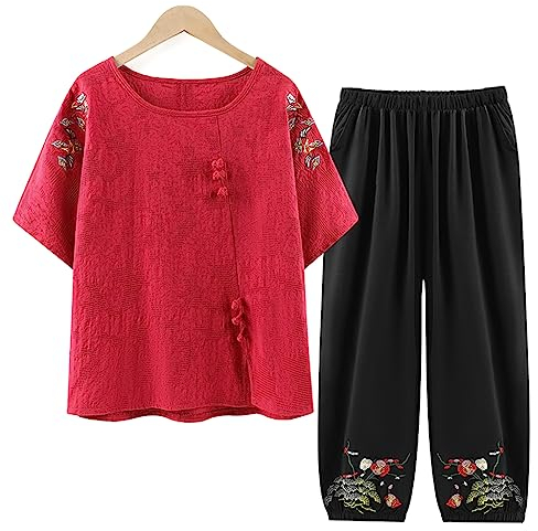 QPZK Frauen Tang Anzug Hanfu Chinesische traditionelle Kleidung, Erwachsene ältere Tai Chi -Uniform für Frauen Kampfkunst Kung Fu Kleidung Kurzärärmische Mantel und Hosen red-XL
