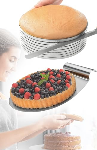 Menz Tortenzubehör - 3-teiliges Set Torten Schneidehilfe aus Edelstahl, praktisches Kuchenschneidehilfe Set mit Tortenboden Schneidehilfe Ring, Konditormesser, Tortenheber