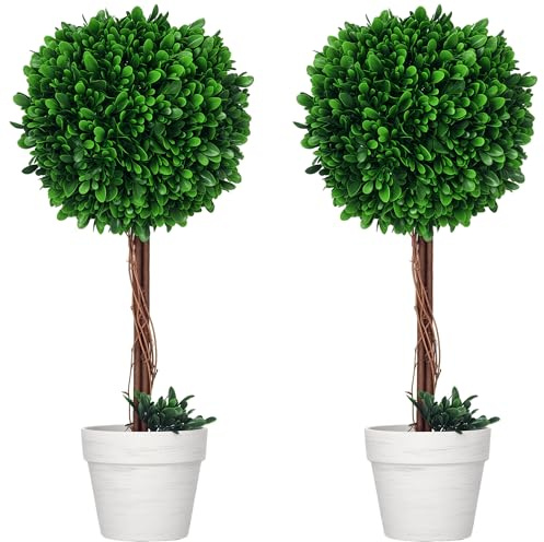 HOMCOM Set 2 Piante Finte Alberi di Bosso per Casa e Ufficio, Piante Artificiali da Interno ed Esterno con Vaso e Muschio Finto, Ø28x60cm, Verde