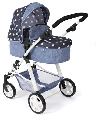 Bayer Chic 2000 - Cochecito de muñecas Nele, 2 en 1 para niños de 3 a 8 años, Carrito para muñecas con bañera Convertible, Cochecito para muñecas de hasta 50 cm de tamaño, Estrellas Azul Marino