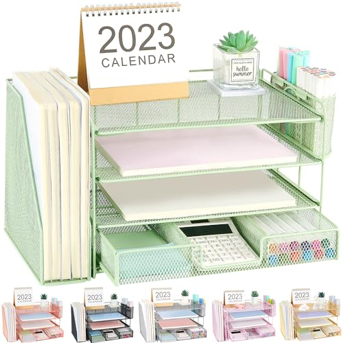 OPNICE Desk Organizer, 4-Tier Desktop File Organizer with Drawer and Pen Holders, Office Desk Accessories, File Sorters, Workspace Organizers for Office Supplies(Green)