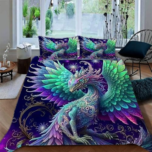 Ruiqieor Bettwäsche 135x200cm,Grün Lila Blau Boho Phoenix Motiv Bettwäsche Set 3teilig,1 Bettbezug+2 Kissenbezug 80x80 cm,3D Tier gedruckte Kinder Bettwäsche（#2）