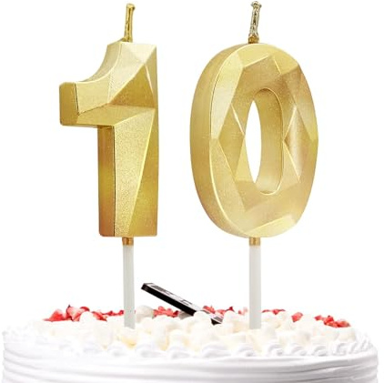 Prebarfun Velas de cumpleaños número 10, velas doradas con número 10, decoración para tartas de feliz cumpleaños para fiestas, bodas, aniversarios de empresa