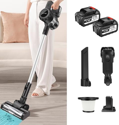 AUTOFU Aspirateur sans Fil, 30000pa Stick Aspirateur avec 2X 3.0ah Batterie, Temps de Fonctionnement Jusqu'à 90 Minutes, 2 Vitesses, Lumière LED, Aspirateur Léger pour Tapis de Bois Franc