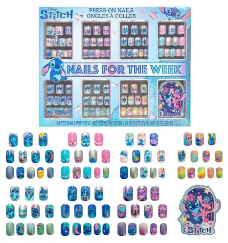 Disney Stitch 84 Pcs Glitter Glamup Metallic Press-On Nails Artificial Fake False Nails Pre-Adhesive Full Cover Nail Tip Set for Kids, Girls, Tweens Ages 6+ by Townley Girl