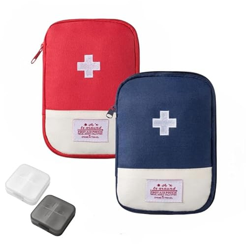 2 Pièces Trousse de Secours Portable avec 2 Pilulier, 18×13 cm Mini Sac de Médecine, Sac de Stockage de Médecine Vide, Trousse Medicaments pour Maison Bureau Voyages (Rouge, Bleu)