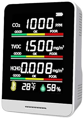 Détecteur de Gaz, Détecteur de CO2 5 en 1 Moniteur de qualité de l'air détecteur de dioxyde de Carbone testeur d'humidité de la température numérique Portable HCHO TVOC CO2 mètre