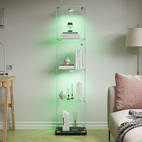 Vetrina in vetro, 163 x 40 x 35 cm, con 4 ripiani a 1 ante, vetrina su base con LED, armadio da collezione moderno per soggiorno, camera da letto, ufficio (nero + porta singola + luci di pat)