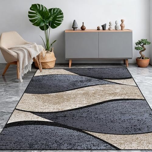 WQMMD Teppich Kurzflor Wohnzimmer 120x170 cm Waschbarer rutschfest Modern Wellen Muster Teppich Schwarz Anthrazit Beige Leicht Teppiche für Küche Schlafzimmer Esszimmer Büro Jugendzimmer