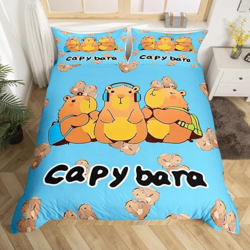 Homewish Kawaii Capybara Double Duvet Cover Set with 2 Pillowcases - Cartoon Rodents Bedding Set Cute Beaver Wild Animals Pattern Quilt Cover - Wild Safari Natural Theme Bed Sets - Blue