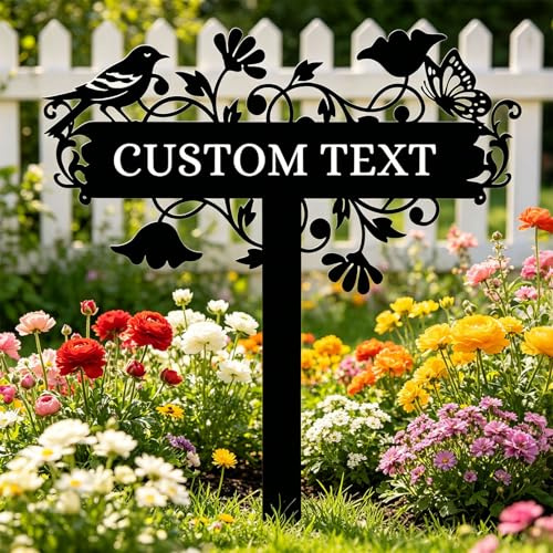 Targa da Giardino Personalizzata in Metallo con Testo, Uccelli e Fiori Design Pali da Giardino Decorativi, Adatta per Decorare Cortili, Prati,Terrazze