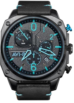 AVI-8 Mens 45mm Hawker Hunter Retrograde Chronograph Blue Diamond Japanese Quartz Pilot Watch with Leather Strap AV-4052-05