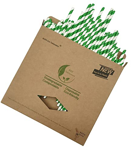 Environment Green White Paper Drinking Straws Bulk 100, Disposable Green Striped Straws with Kraft Box Packing Coktail Straw for Holiday Use Juice Patener