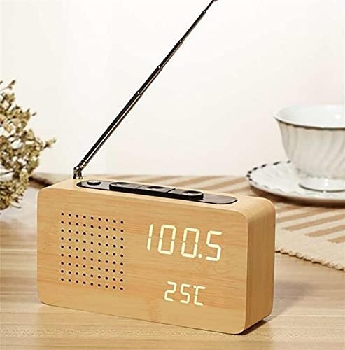 Radio in legno di bambù, altoparlante portatile FM stereo subwoofer da tavolo con temperatura di orologio a LED, adatto per interni ed esterni, camminate, campeggio (WOOD)