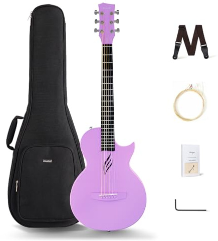 Enya Chitarra Acustica Adulto Set - Fibra di Carbonio Viola 1/2 Nova Go Guitar Starter Kit con Chiave per Tracolla per Borsa da Concerto corde per Panno per la Pulizia per Bambini Adulti Principiante