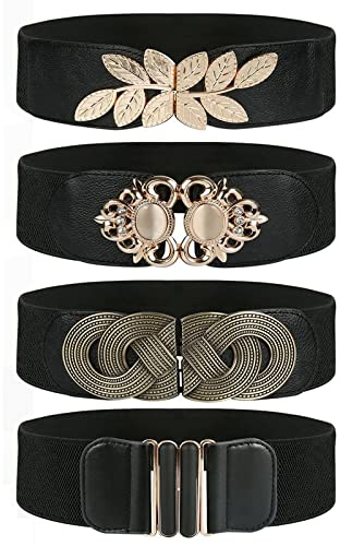 Pomeloone Breiter Elastischer Gürtel Damen, 4 Stücke Frauen Schwarz Vintage Stretch Taille Gürtel, Breite Retro Mode Cinch für Frauen, 4 Stile