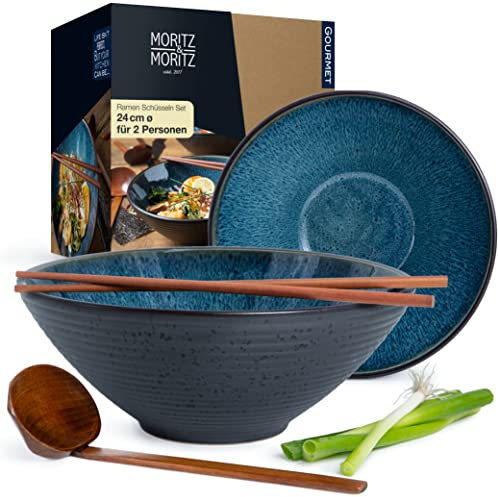 Moritz & Moritz 2 tazones ramen de cerámica - 24 cm Ø - juego de cuenco ramen azul para 2 personas - para sopa, Pho y sushi - incl. palillos y cucharas