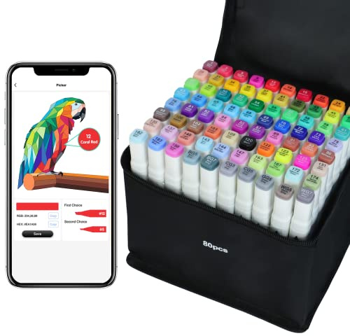 Vokiuler Alcohol Markers Set- 80 Colors Art Markers with APP for Coloring, Dual Tip Artists Drawing Markers Pens Chisel & Bullet for Adult Graffiti Anime Illustration Painting Doodling with Bag