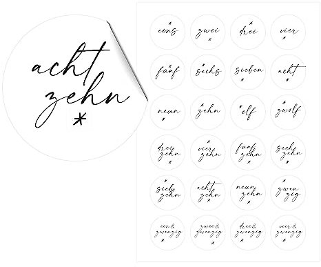 24 Adventskalender Zahlen Aufkleber FEINE FEDERSCHRIFT mit Stern, Adventskalenderzahlen, schlichte Zahlensticker, Advent, handlettering