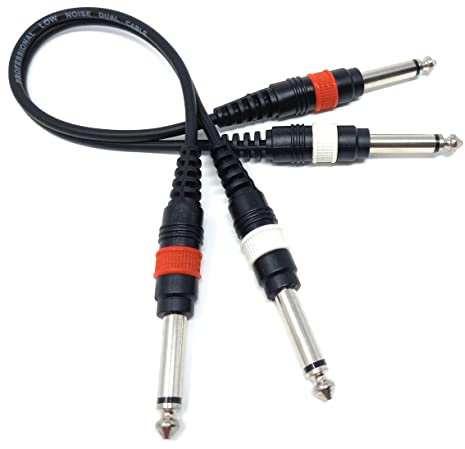 0.3m, Twin 6.35mm Mono 2 x Jack to 2 x Jack Shielded Cable Lead, Rubber Reliefs, Helical PVC Cord, Nickel Connectors (1ft)