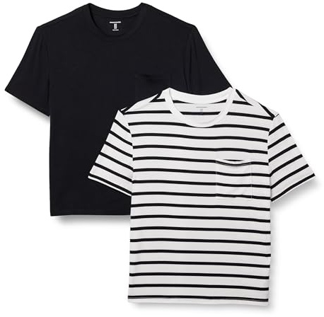 Amazon Essentials Women's Jersey Relaxed-Fit Short-Sleeve Crewneck Pocket T-Shirt, Pack of 2, Black/White French Stripe, Medium
