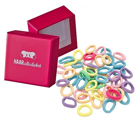 HAARallerliebst® 50 Stück 20mm kleine Haargummis für Mädchen - mini baby Zopfgummis inkl Box - idealer Haargummi Haarschmuck für Kinder Damen - elatisch soft Mehrfarbig (pastell, 50 Stück)