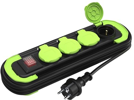 MutecPower Regletas enchufes IP44 regleta 4 enchufes con Interruptor para Exterior, alargador con 4 Tomas Contacto de protección con Tapas y Cable Enrollable de 5m 16A/250V H05RR-F3G1,5 Negro/Verde