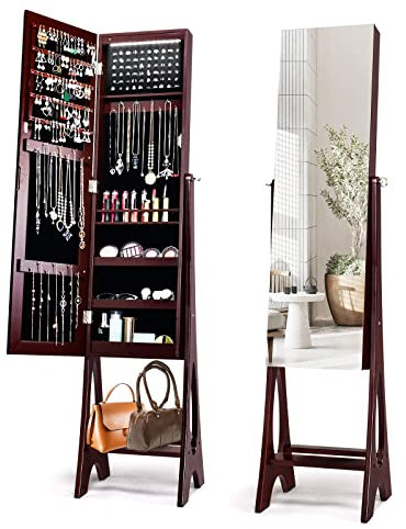 COSTWAY LED Lights Jewellery Cabinet, Freestanding Lockable Jewelry Armoire with Full Length Mirror and Large Storage, Angle-Adjustable Bedroom Makeup Cosmetics Jewellery Organiser Unit Gift (Brown)