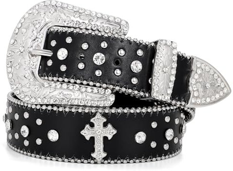 BELTROAD Strassgürtel für Männer Frauen Western Cowboy Cowgirl GürtelBling Ledergürtel mit Kreuz und Diamant gürtel damen