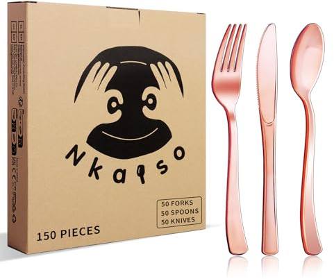 Nkaiso 150 Piece Rose Gold Silverware Set, 50 Knives, Forks & Spoons, Reusable Tableware for Weddings, Parties & Events