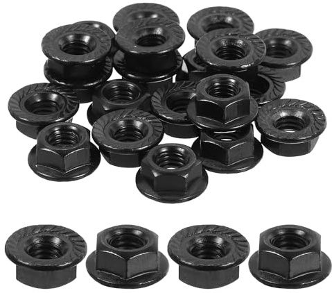 QUARKZMAN M6 x 1,0 mm räfflade flänsade hexagonala självlåsande muttrar, 20 st metrisk hexagonal flänsad mutter halkfri rostfritt stål 304, full tråd, polerad finish, svart