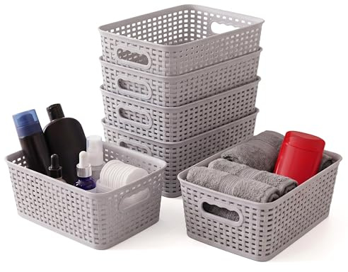 GEEZY Small Plastic Storage Baskets Set of 6 - Stackable Home Organisers, Grey Woven Style, Handle Cutouts - Great for Kitchen Cupboards, Bathroom Shelves, Office Desk, 10 x 18 x 25cm