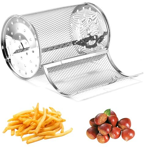 ALLOMN Tower Air Fryer Basket, Stainless Steel Tower Rotisserie Basket 360° Rotating Grill Roaster Drum Oven Round Rack Cage for Air Fryer Oven for Peanut Coffee Bean Nuts BBQ Walnut, 12X18cm