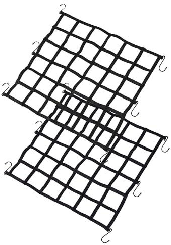 The First Flat Motorcycle Cargo Net, 15x15 Bungee Net with 2x2 Small Mesh and S Metal Hooks, Easy to Stretches to 32x32, Perfect for Helmet, Luggage, Motorcycles, Bike, ATVs, Snowmobile (2 Pack)