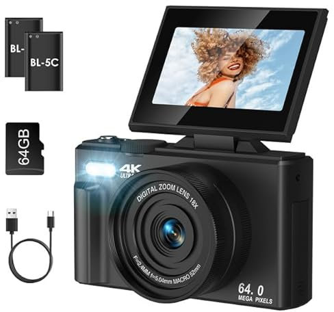 LAMA Digitalkamera 5K 75MP Mini Digitalkameras 3,0 Zoll Fotokamera mit 64G SD-Karte, 180° Flip-Screen 18X Zoom Kompaktkamera Digital Kamera Fotokamera für Anfänger Kinder Teenager (Schwarz)
