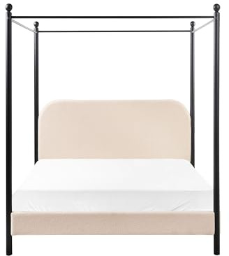 Himmelssäng Retro Minimalistisk 140 x 200 cm Dubbelsäng Svart Metallram Lameller Poppelträ Boucléklädsel Beige Dannemois