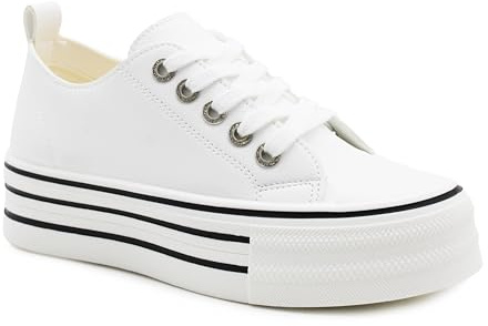 IMTY Womens Platform Canvas Trainers Lace Up Chunky Sole Baseball Sneakers Ladies Flat Low Top Fashion Trainer Pumps (White PU, UK Footwear Size System, Adult, Women, Numeric, Medium, 5)