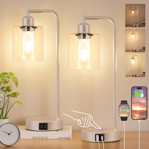 Aooshine Industrial Touch Lamps Bedside, Champagne Gold Bedside Lamps with Clear Glass Shade for Living Room(Bulbs Included)