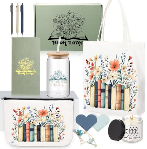 Marspark 12 Pcs Book Lovers Gift Set for Women Include Canvas Tote Glass Cup Makeup Pouch Floral Soy Candle Heart Bookmarks Page Holder Pens Sticky Notes Book Club Gift for Readers Librarians