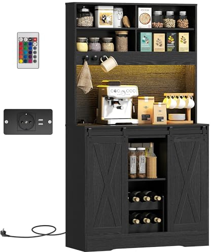 HOMCOM Credenza Cucina, Mobile Dispensa con Prese di Ricarica, Luci LED Regolabili, Portabottiglie Rimovibile per 6 Bottiglie, Mobile Buffet Ripiani Aperti, Ante Scorrevoli, per Sala da Pranzo, Nero