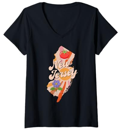 Womens New Jersey State Map Retro Tomato Violet Symbol V-Neck T-Shirt