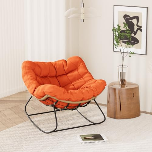 AuraFurn Gungstol, ergonomisk gungstol, extra stor, rottinggungstol, relaxstol med extra tjock sittkudde, perfekt för balkong, trädgård och vardagsrum, lastkapacitet upp till 140 kg (orange)