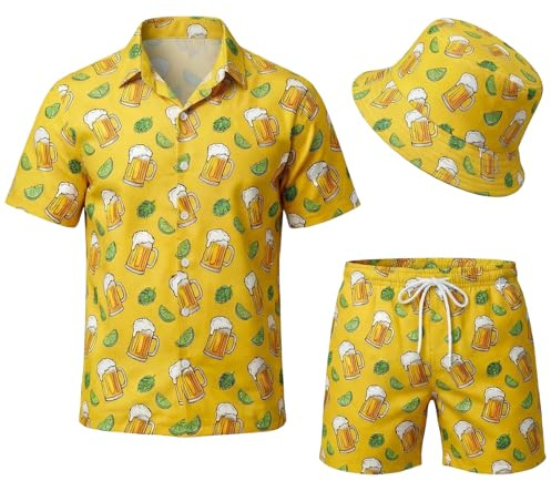 Harsever Chemise Hawaienne Homme,Chemise Hawaïenne a Fleur Originales Portée avec un Short de Plage et un Bob,3 Pièces ChemiseTahitienne, Tenue Coachella Ete Plage pour Homme