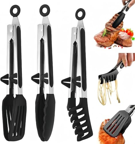 3 pinze da cucina – 27 cm in acciaio inox con supporto, pinze da cucina resistenti al calore, non danneggiano la pentola, senza BPA, silicone alimentare, lavabile in lavatrice, per cucinare, grigliare