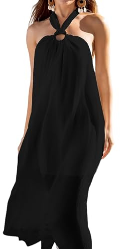 Rayson Robe de Plage Femme Longue Halter Dos Nu Lino Maxi Fluide Tenue Plage sans Manches Élégant Cache Maillot de Bain pour Vacances d'Été(Noir, Taille Unique)
