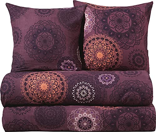 Erwin Müller Bettwäsche, Bettgarnitur Sparpaket 4-TLG. Flanell - Mandala - mollig warm, temperaturregulierend, mit praktischem Reißverschluss - aubergine Größe 80x80 cm / 135x200 cm